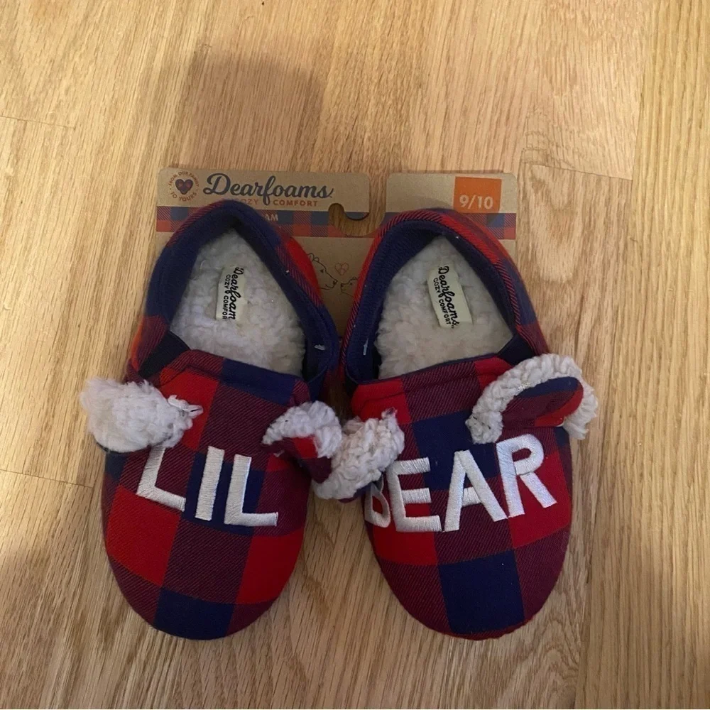 Dearfoams Lil Bear Plaid Slippers NEW Sz 9-10 Red Blue